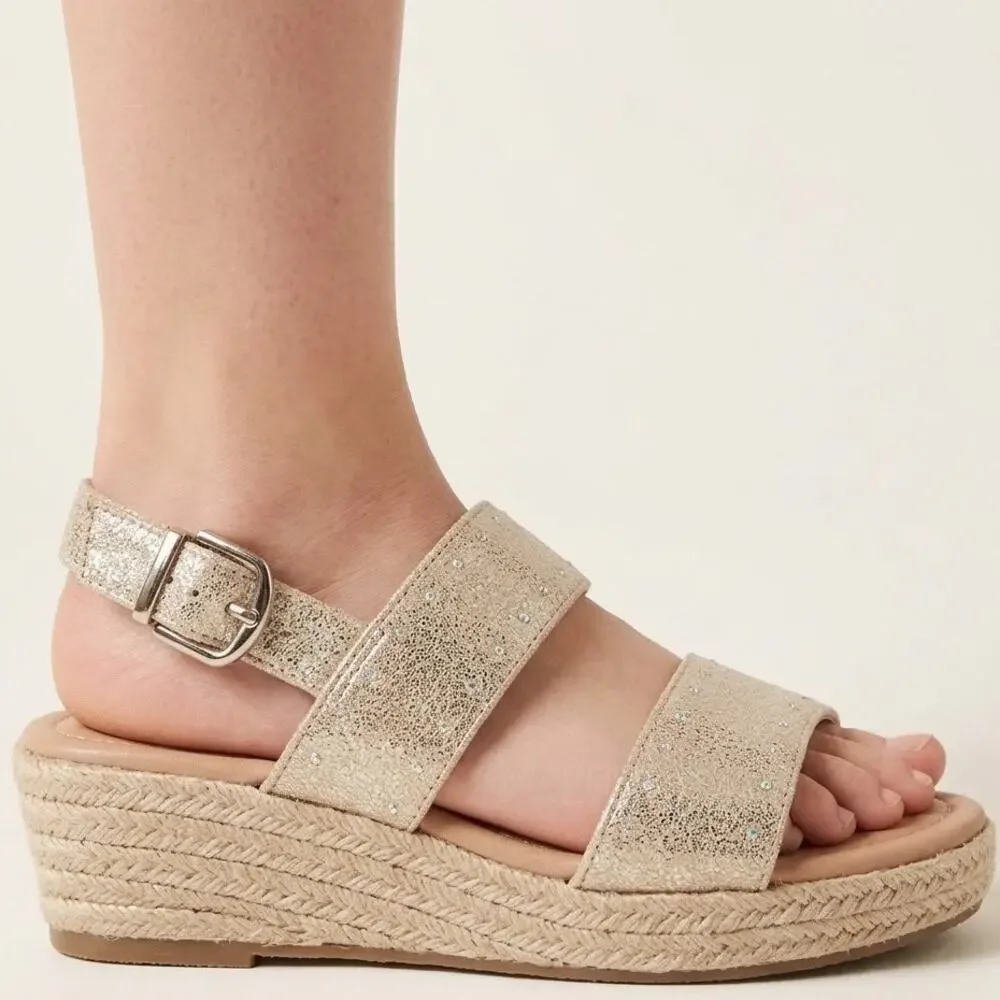 Marc Fisher Marrel Shimmer Strappy Espadrille Wedge Sandals Gold Girls Size 2